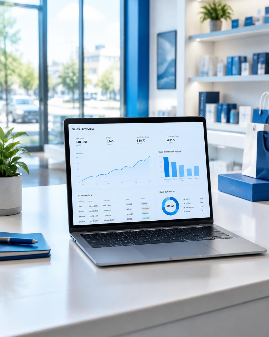 Balcão de loja moderna com notebook exibindo painel de gráfico de vendas em crescimento